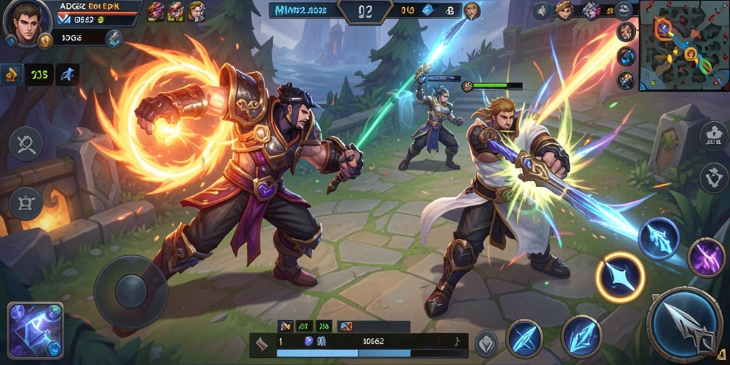 Tangkapan layar gameplay ADG62 yang menunjukkan pertarungan seru antara hero.