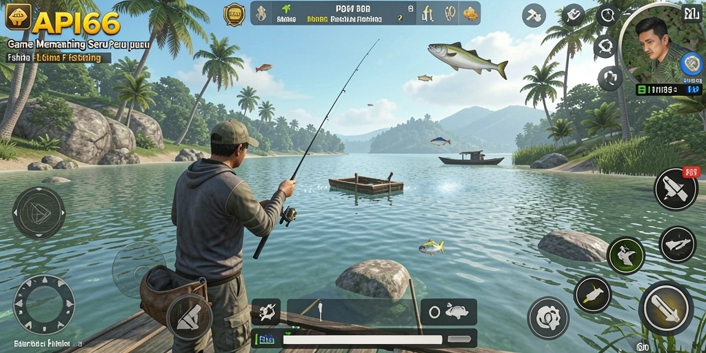 Screenshot utama menampilkan pemain yang menangkap ikan dengan penuh semangat di lokasi memancing.