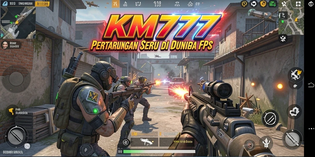 Screenshot utama KM777 menampilkan aksi tembak-menembak yang intens.