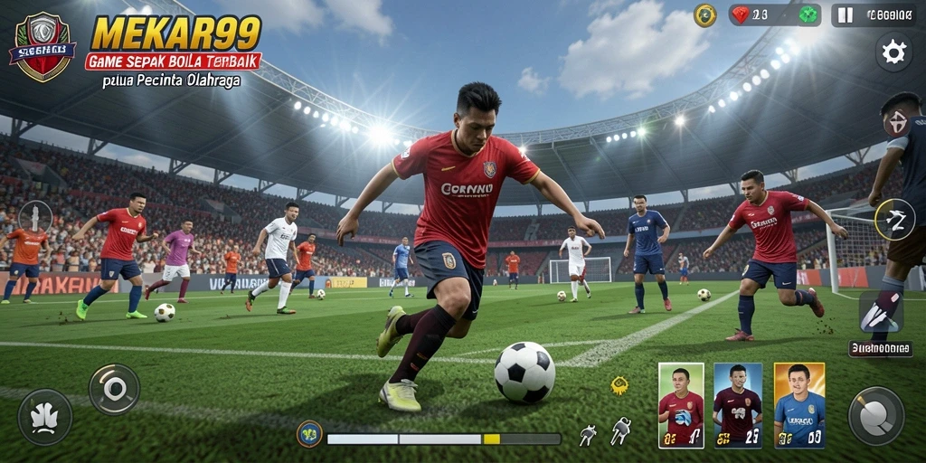Tampilan gameplay memukau dengan aksi sepak bola dinamis.