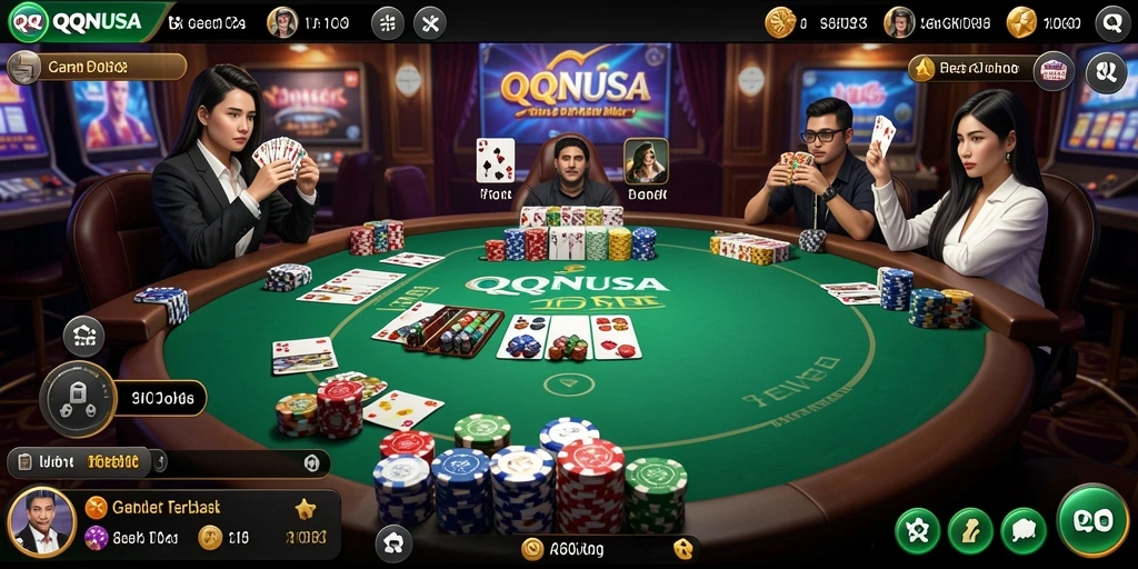Screenshot utama QQNUSA menampilkan aksi permainan poker yang intens.