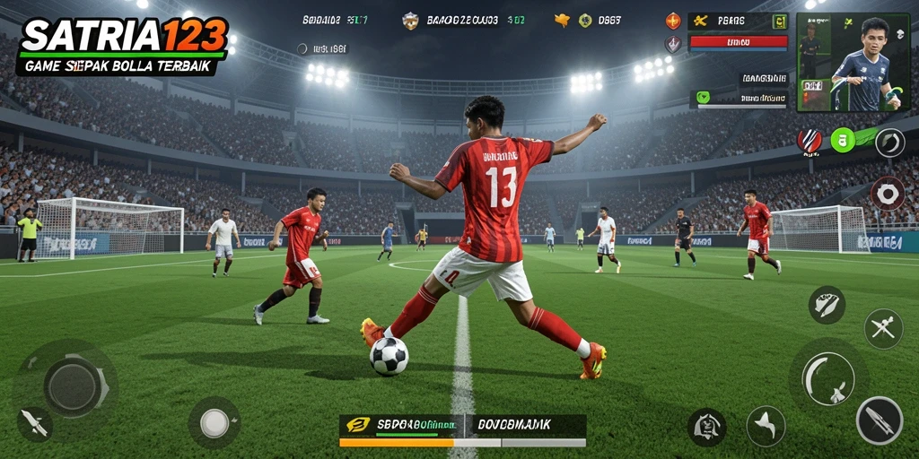 Screenshot menunjukkan gameplay dinamis SATRIA123 dalam pertandingan sepak bola.