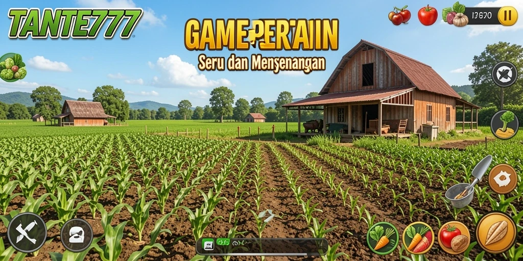 Screenshot gameplay TANTE777 menampilkan pertanian yang subur dan interaksi sosial.