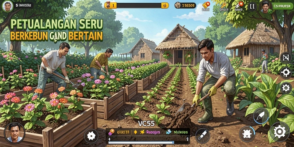 Screenshot VC55 menampilkan suasana pertanian yang hidup dan penuh warna.